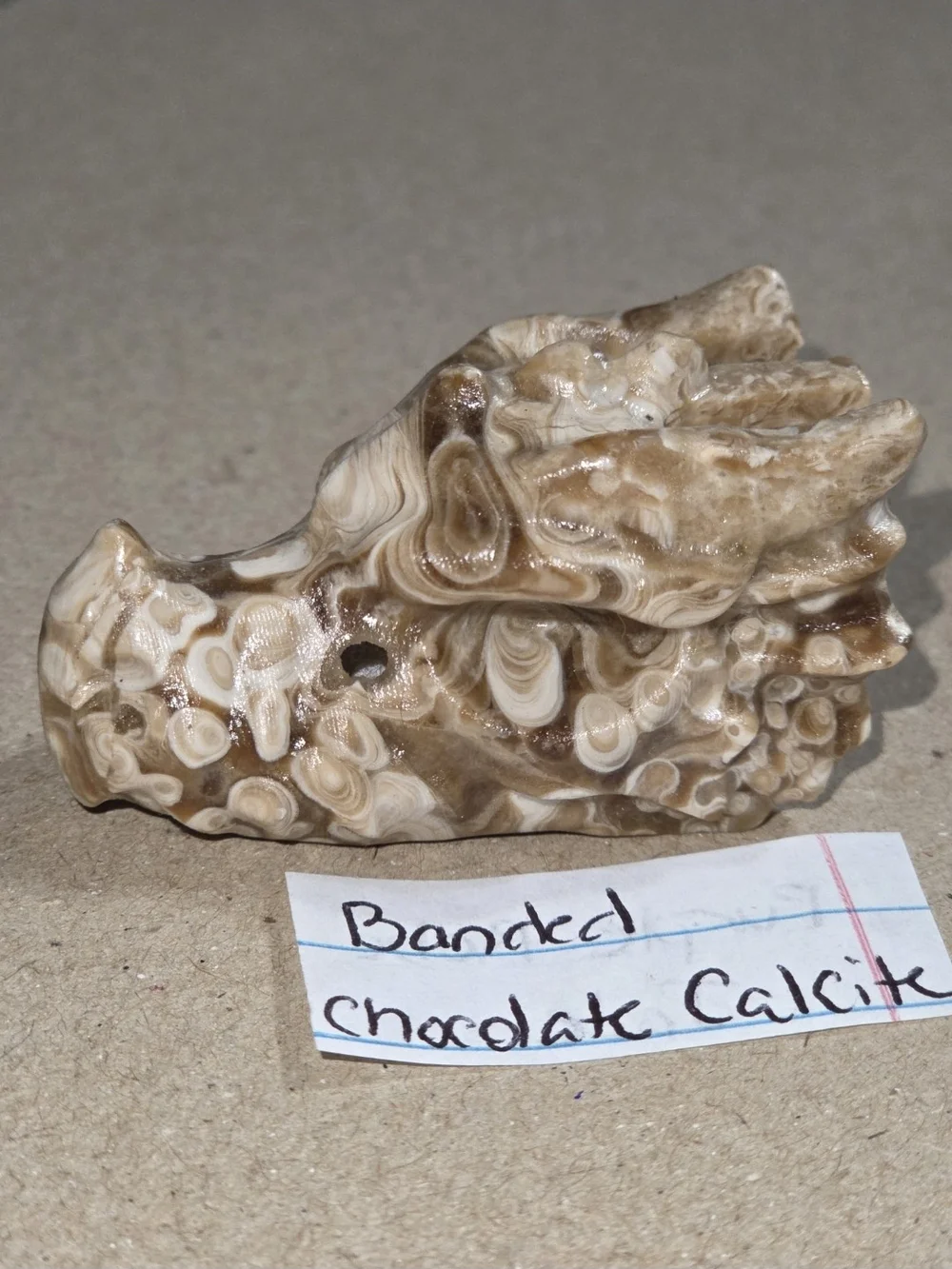 Detailed Banded Chocolate Calcite Crystal Carved Dragon Head Stone Sculpture